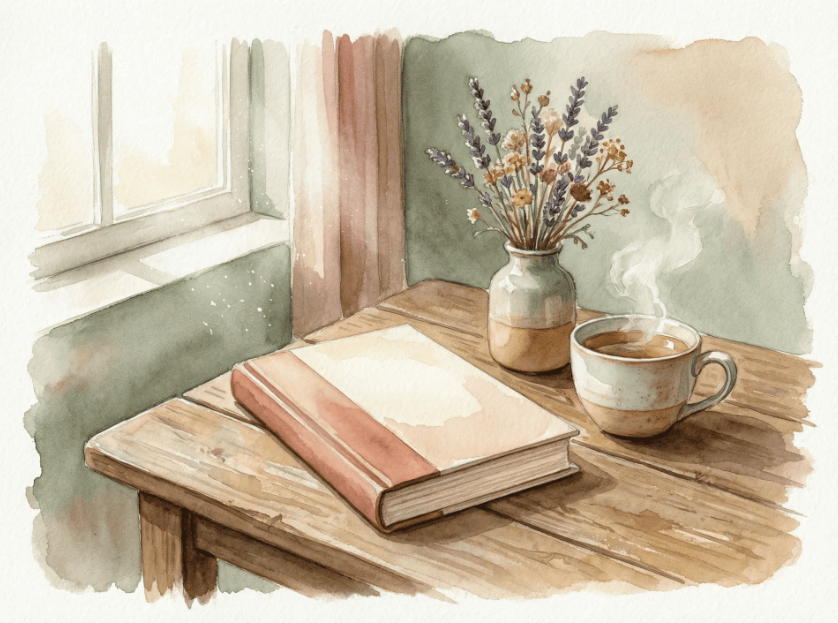 Livro sobre mesa com chá e flores